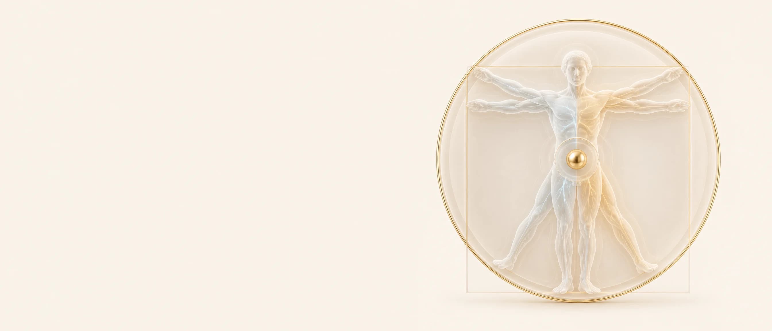 Translucent Vitruvian Man figure inside a gold circle