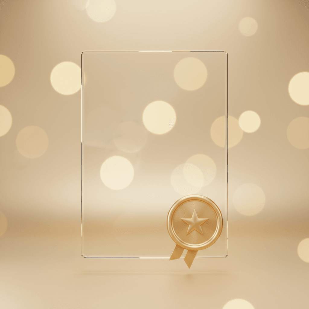 Glass certificate frame with a gold award rosette against a soft golden background