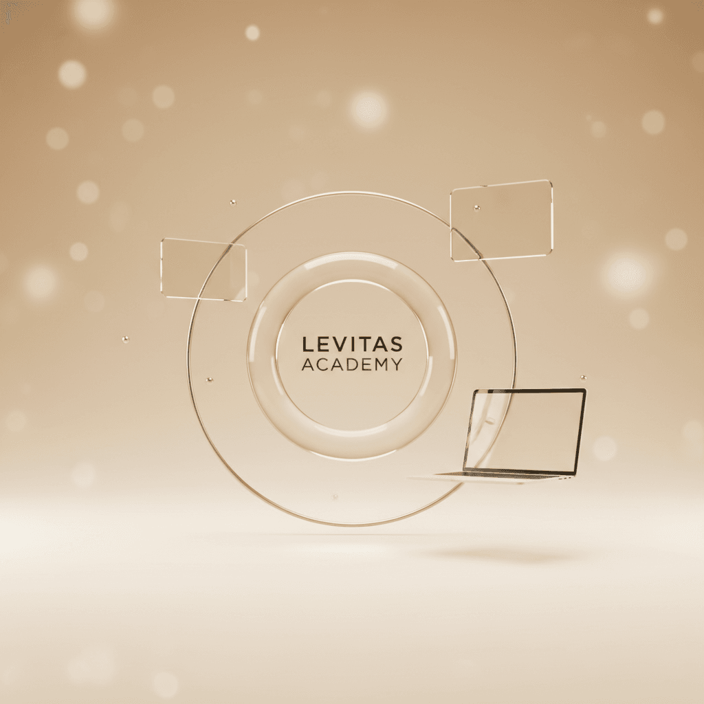 Levitas Academy emblem inside a gold ring, with a laptop and floating glass panels around it