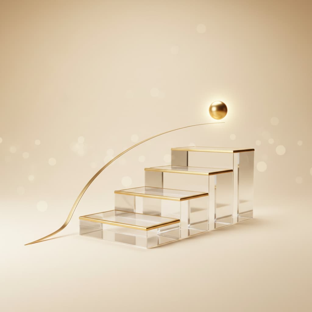 Glass steps rising towards a gold sphere, with a gold curve sweeping up from the base