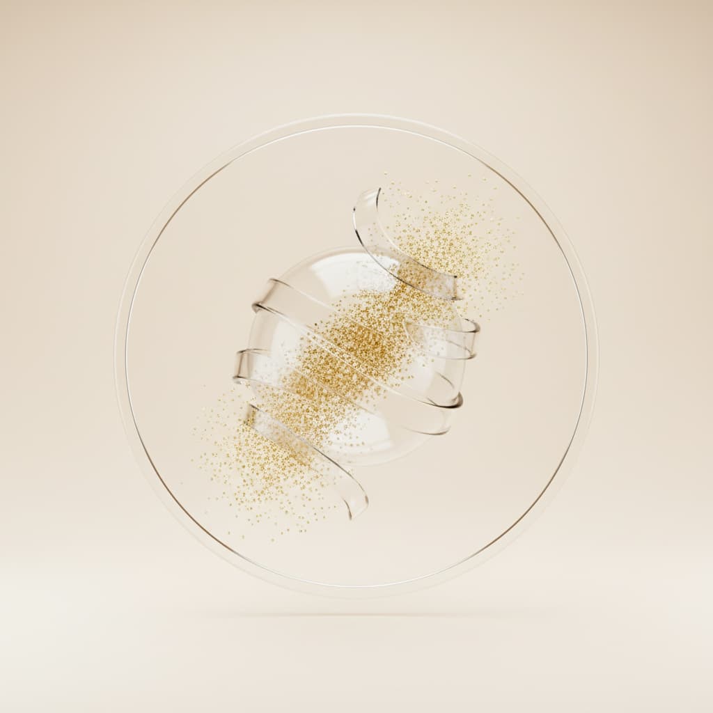 Glass sphere with gold particles streaming through it