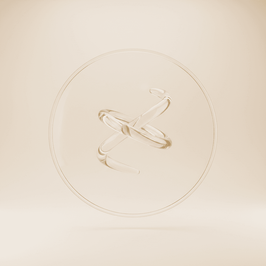 Two intertwined gold and glass loops inside a clear ring