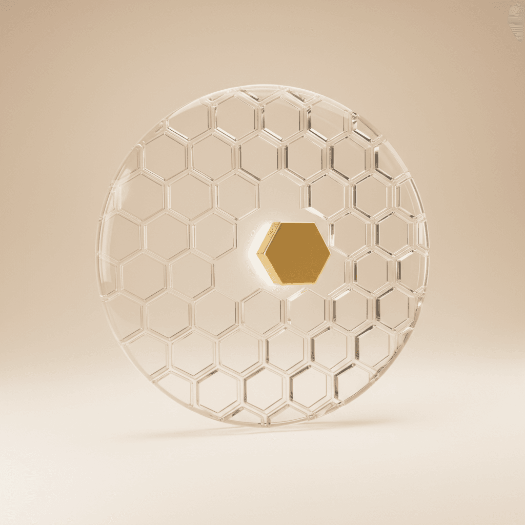 Honeycomb pattern in a glass disc with a gold hexagon at its centre
